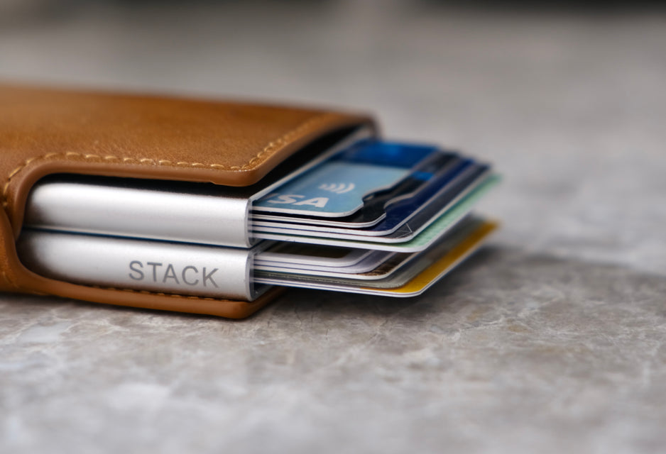 Kompact Stack Tan wallet with cards ejected